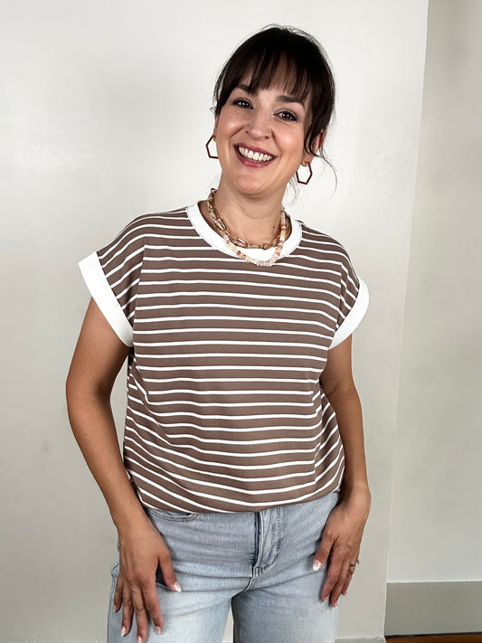 Spaced Stripe Tee w/ Contrast Trim | Mocha + White