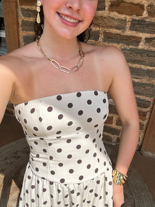 Strapless Midi Dress | Khaki + Brown Polka Dots