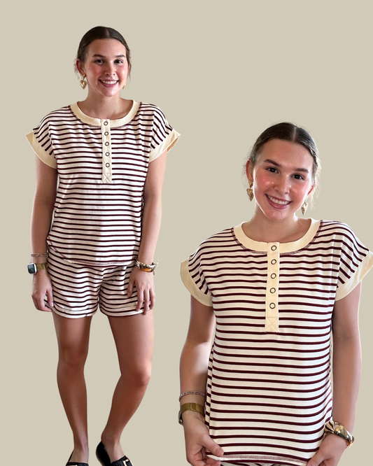 Stripe Set | Short Sleeve Top + Shorts | Burgundy