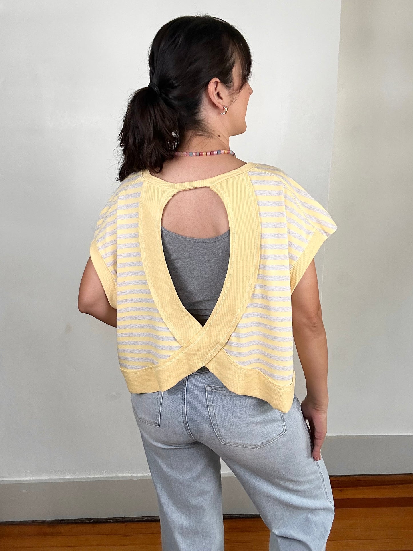 Striped Terry Open Back Short Sleeve Top | Yellow + Heather Oatmeal