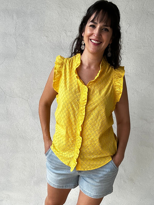 Sunshine Eyelet Ruffle Top | Yellow