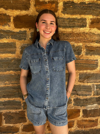 Denim Set | Short Sleeve Top + Shorts | Chambray