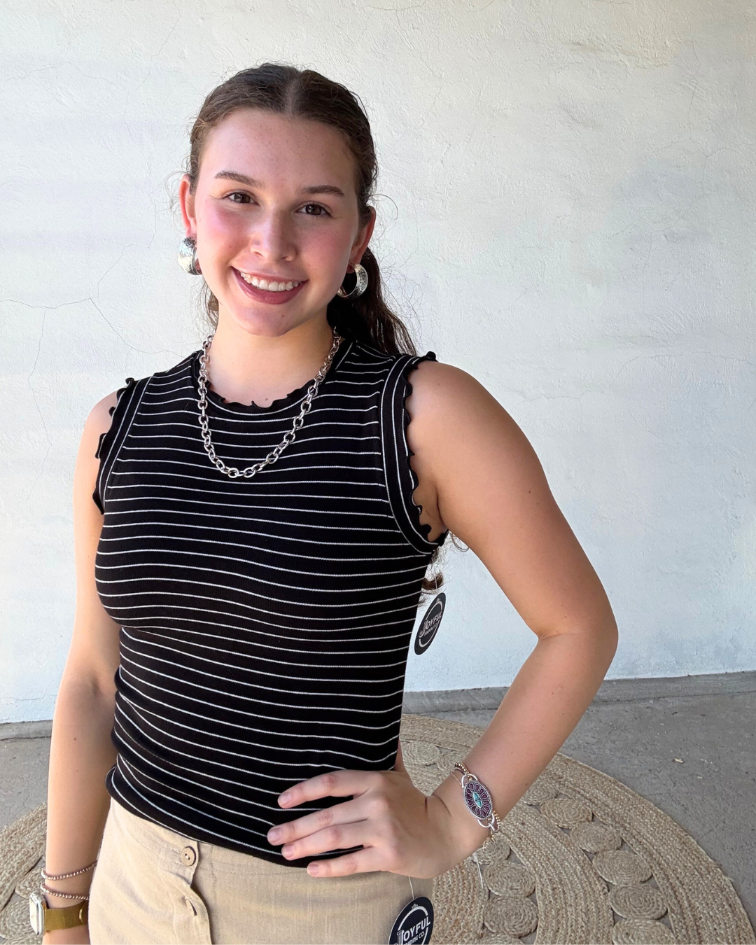 Ribbed Ruffle Trim Sleeveless Top | Black + White Stripe