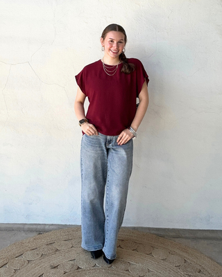 Short Sleeve Round Neck Blouse | Merlot