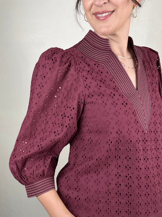 Eyelet 3/4 Sleeve Top | Burgundy