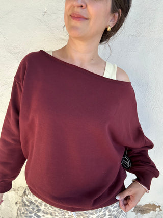 French Terry Fleece Off Shoulder Sweatshirt | Dark Cherry