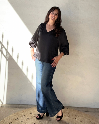 Satin V-Neck Blouse Top Pinched Shoulders | Black