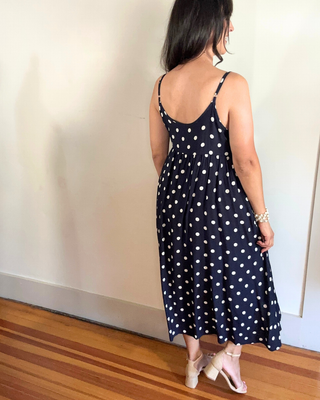 Lusso Midi Dress in Navy + White with White Sweater (Sold as a Set)