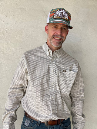 Cinch Classic Fit Mens Stretch Long Sleeve Striped Diamond Print Cream