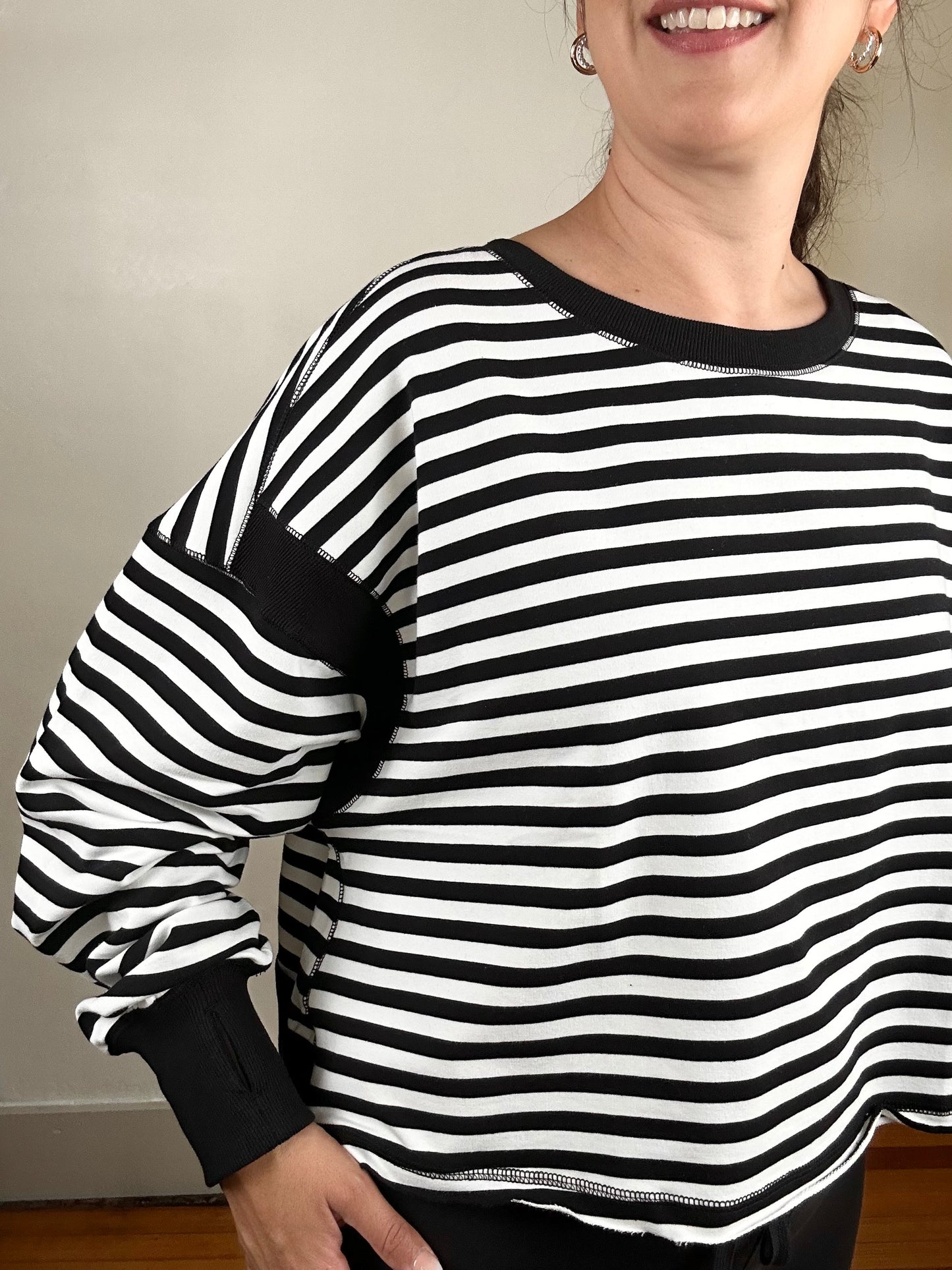 Striped Terry Open Back Long Sleeve Top | Black + White