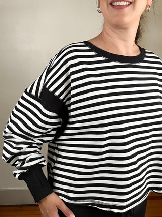 Striped Terry Open Back Long Sleeve Top | Black + White