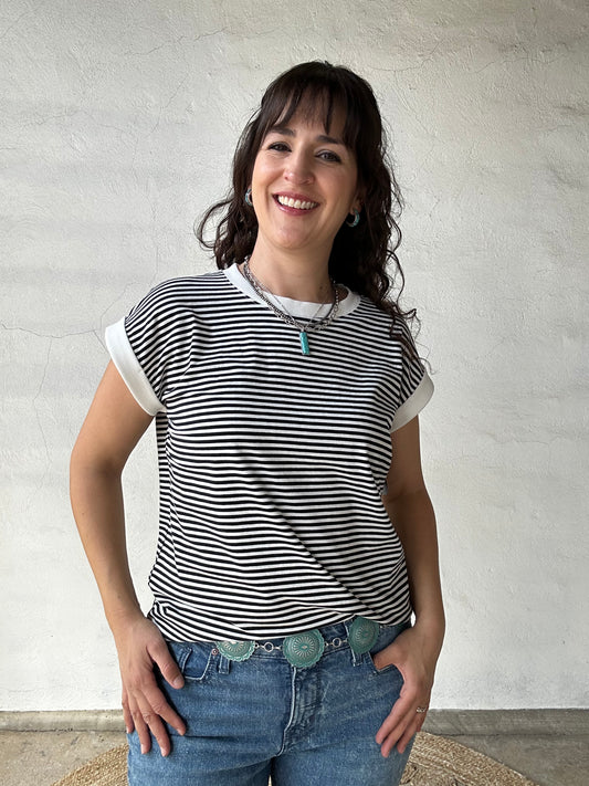 Stripe Tee w/ Contrast Trim | Black + White