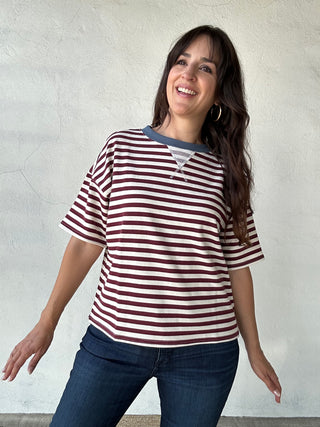 Stripe Color-block Short Sleeve Tee | Maroon + Blue