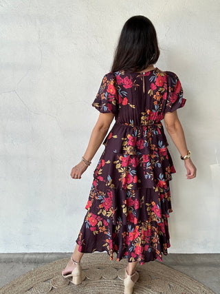 Tiered Floral Short Sleeve Midi Dress | Plum Multi