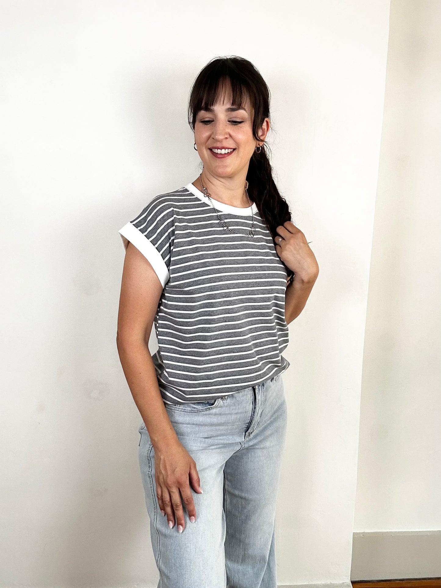 Spaced Stripe Tee w/ Contrast Trim | Charcoal + White