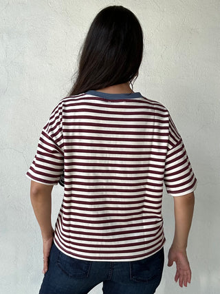 Stripe Color-block Short Sleeve Tee | Maroon + Blue