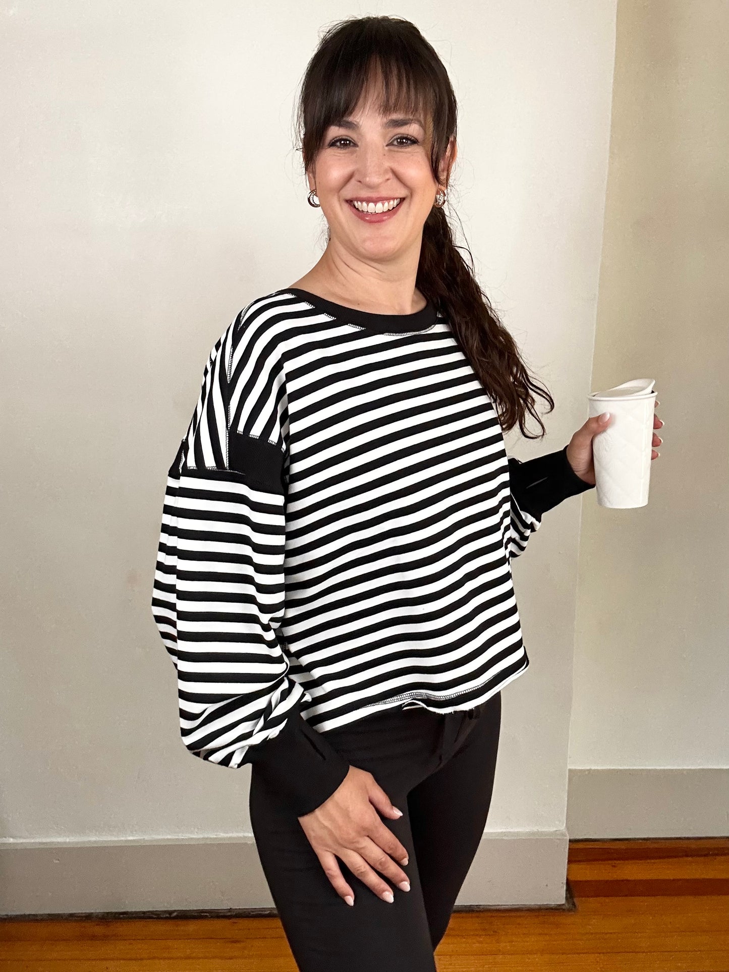 Striped Terry Open Back Long Sleeve Top | Black + White