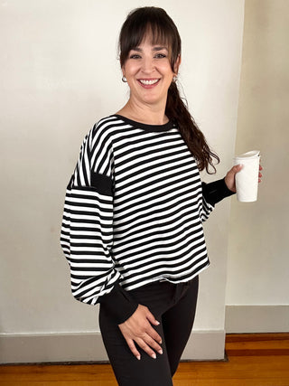 Striped Terry Open Back Long Sleeve Top | Black + White