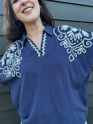 Collared Embroidered Short Sleeve Top | Navy