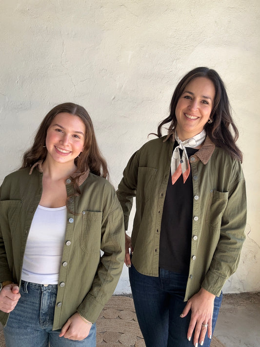 Corduroy Collar Long Sleeve Shacket | Olive