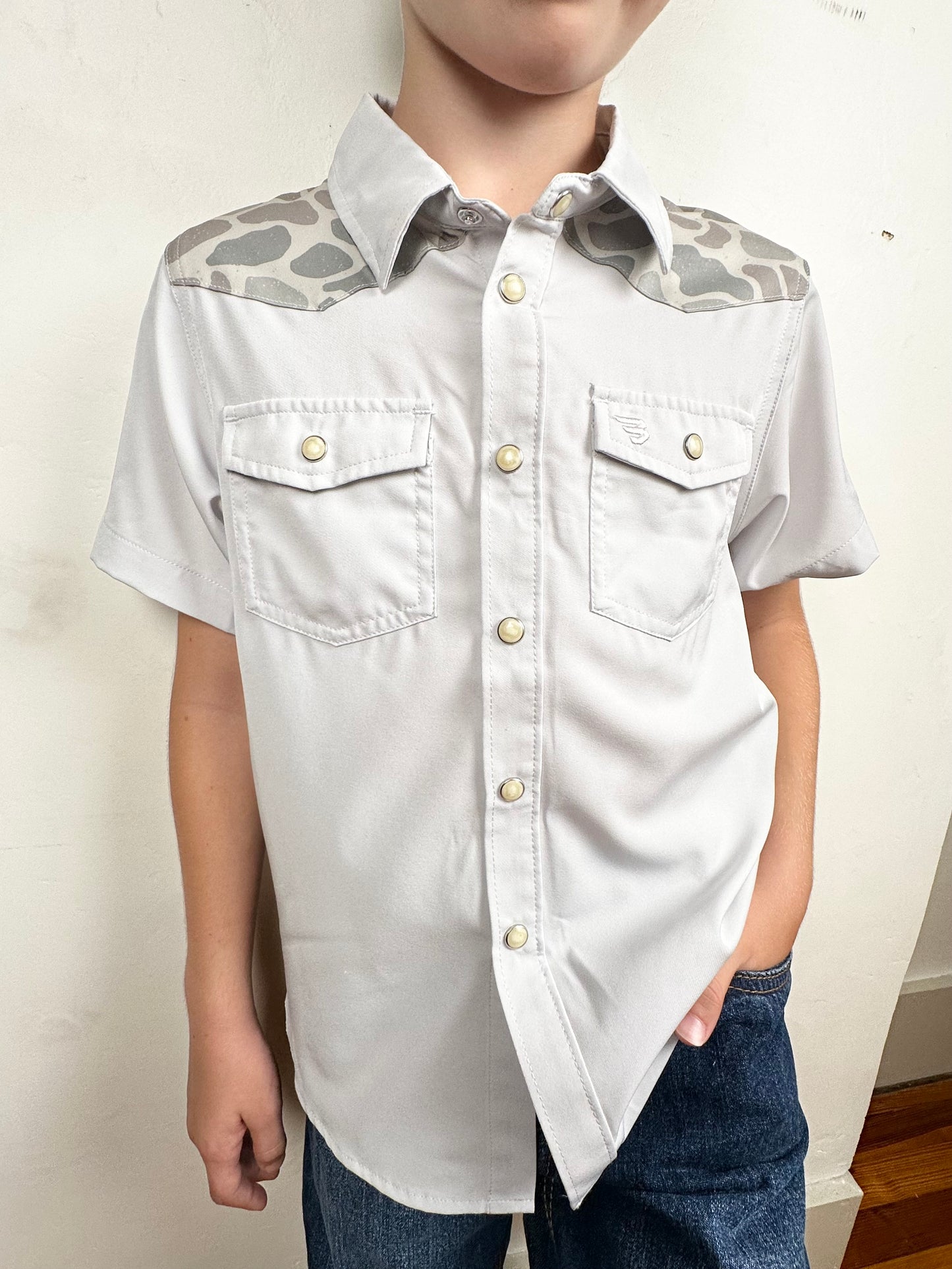 BURLEBO | YOUTH | Performance Western Shirt | Bird Szn | Light Grey + Classic Deer Camo