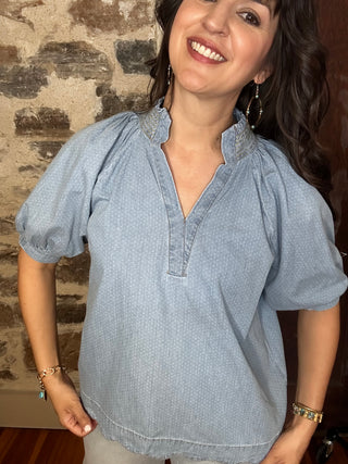 Scalloped Hem Short Sleeve Top | Light Denim