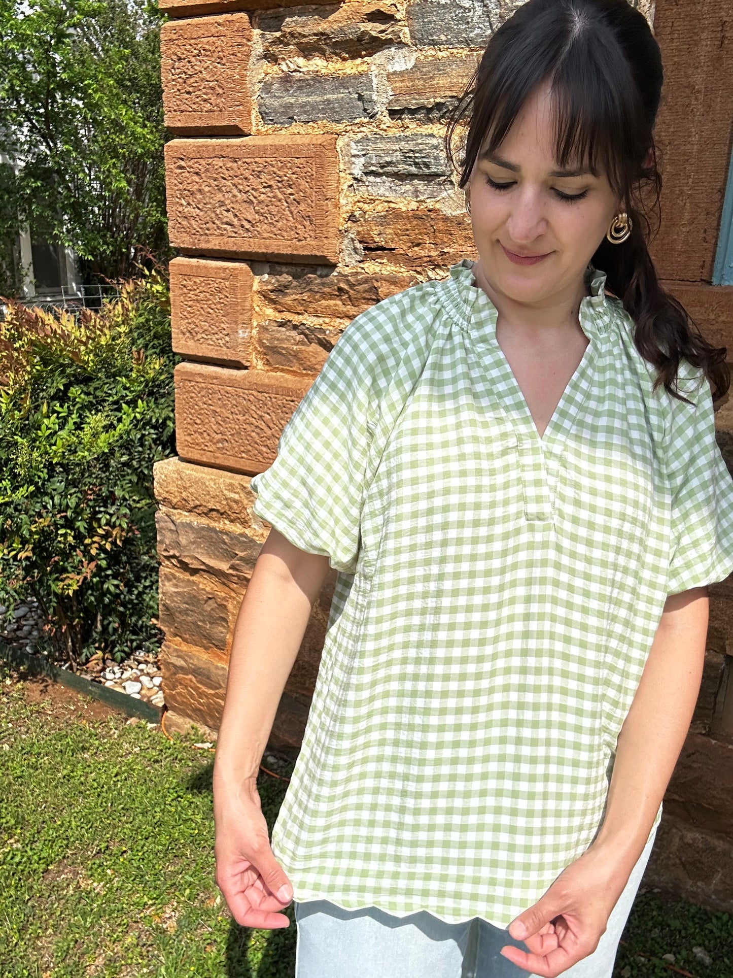 Light Gingham Short Sleeve Top | Sage Green