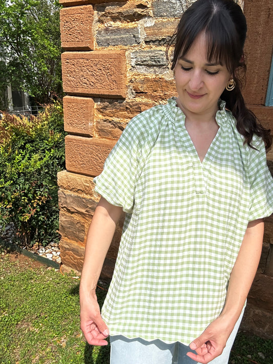 Light Gingham Short Sleeve Top | Sage Green