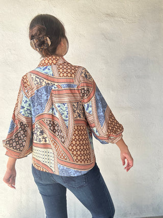 Multi-Patch Print 3/4 Sleeve Top | Blue + Multi