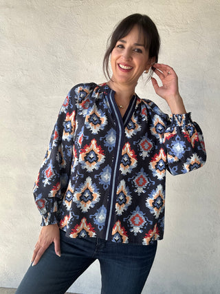 Abstract Medallion Print V-Neck Long Sleeve Blouse | Midnight Blue + Multi