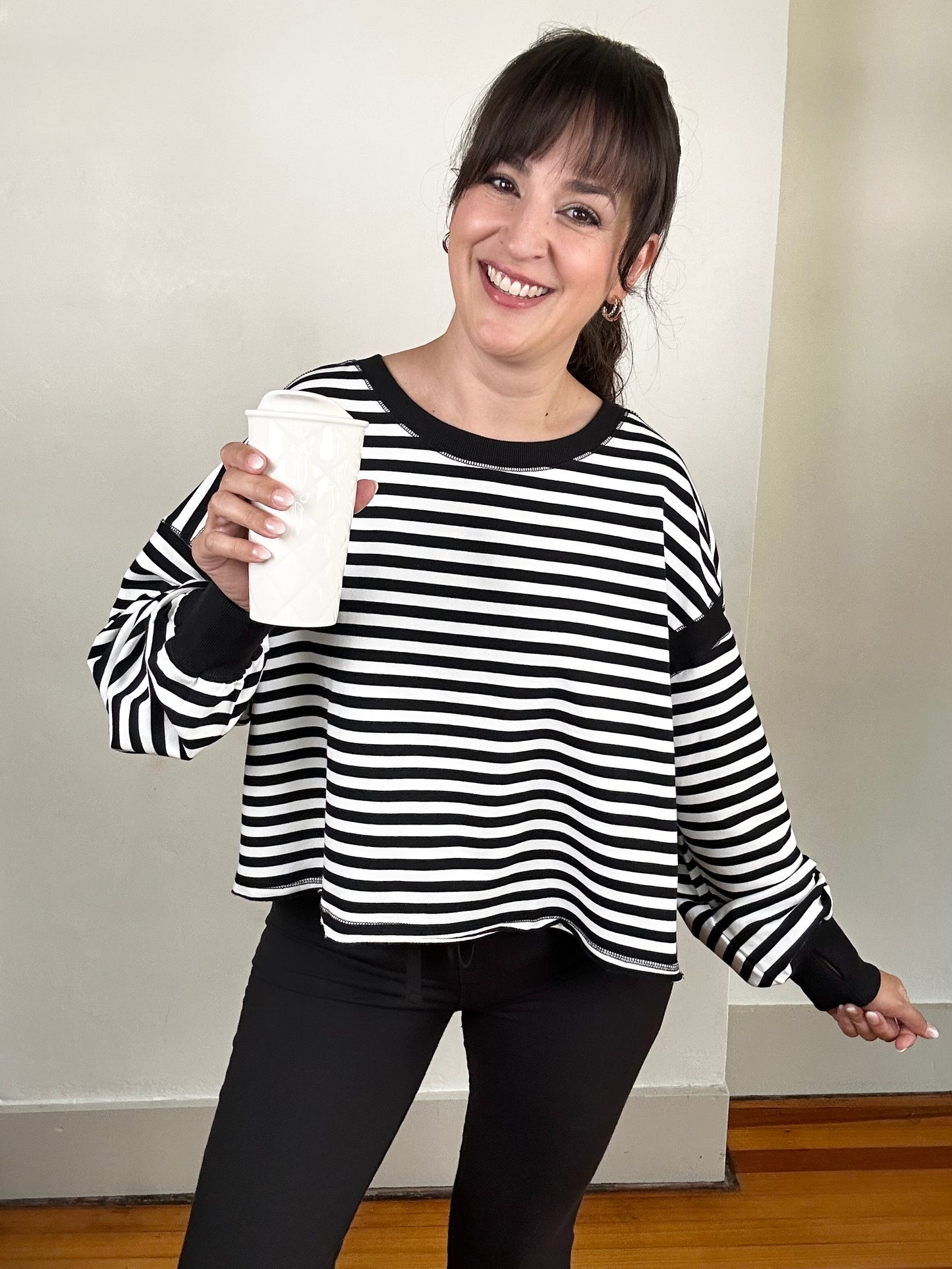 Striped Terry Open Back Long Sleeve Top | Black + White