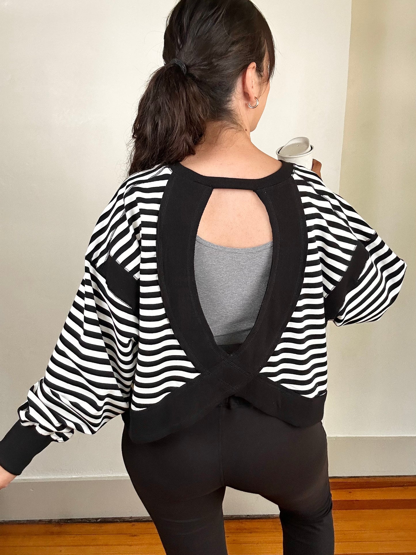Striped Terry Open Back Long Sleeve Top | Black + White