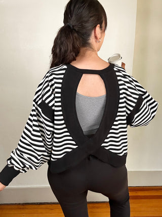 Striped Terry Open Back Long Sleeve Top | Black + White