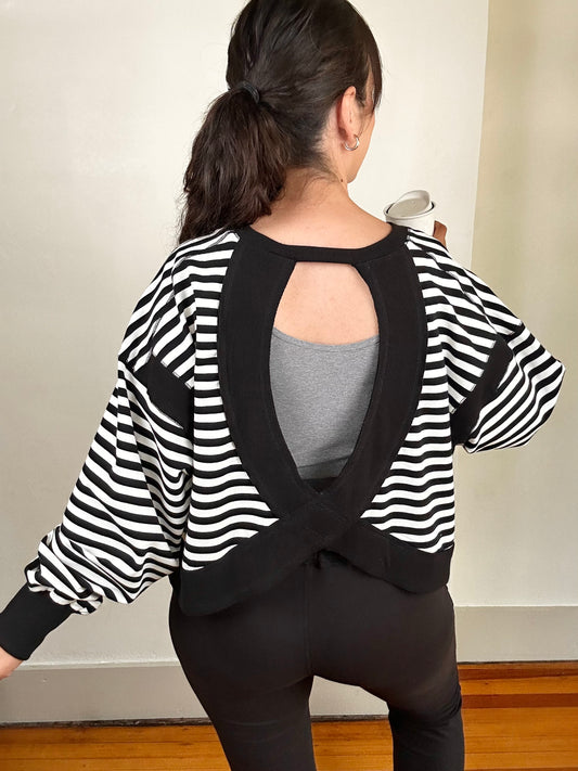 Striped Terry Open Back Long Sleeve Top | Black + White