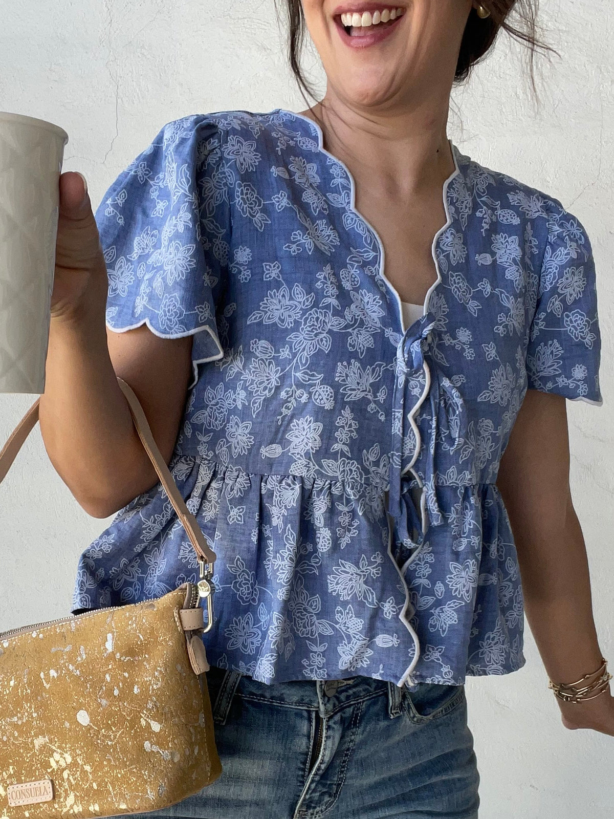 Floral Embroidered + Scalloped Peplum Top | Denim