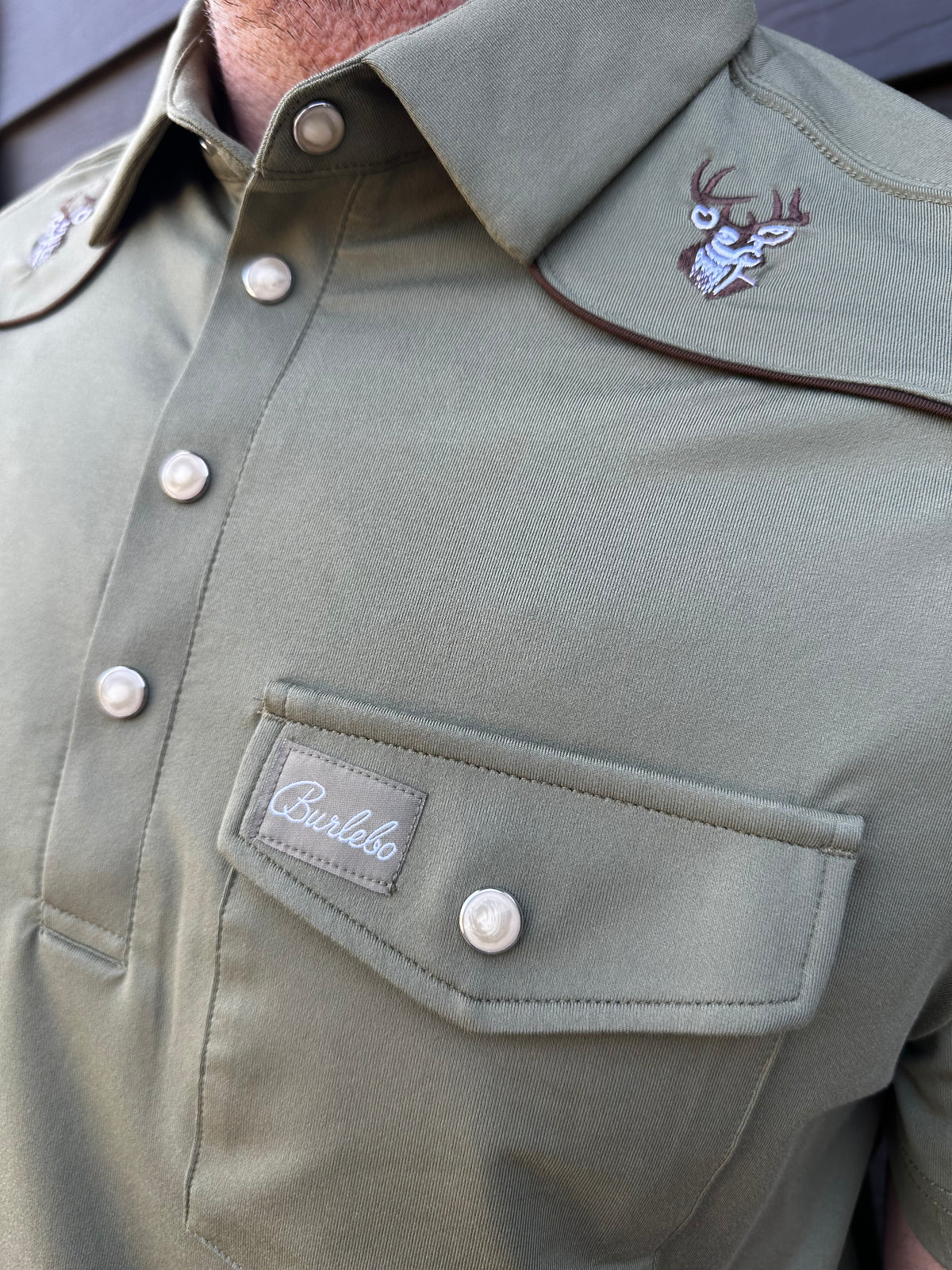 Burlebo | Pearl Snap Performance Polo | Green - Whitetail