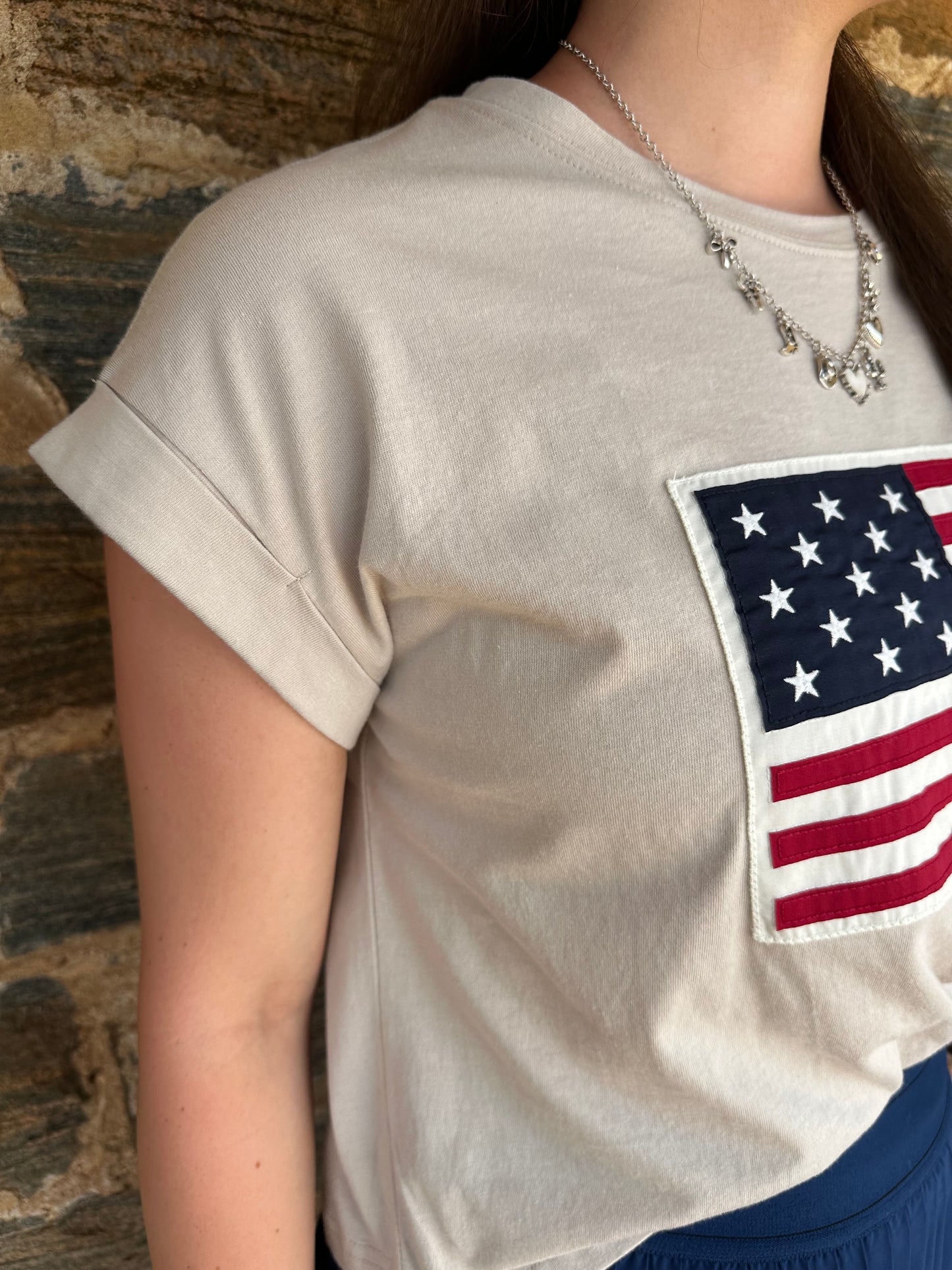USA Flag Patch Crop Tee | Sand Beige