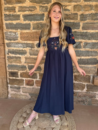 Embroidery Detail Bell Sleeve Midi Dress | Navy + Multi