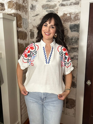 Embroidered Short Sleeve Top | Cream