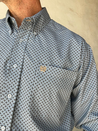 Cinch Classic Fit Arenaflex Mens Long Sleeve Geometric Print Navy Blue Tan