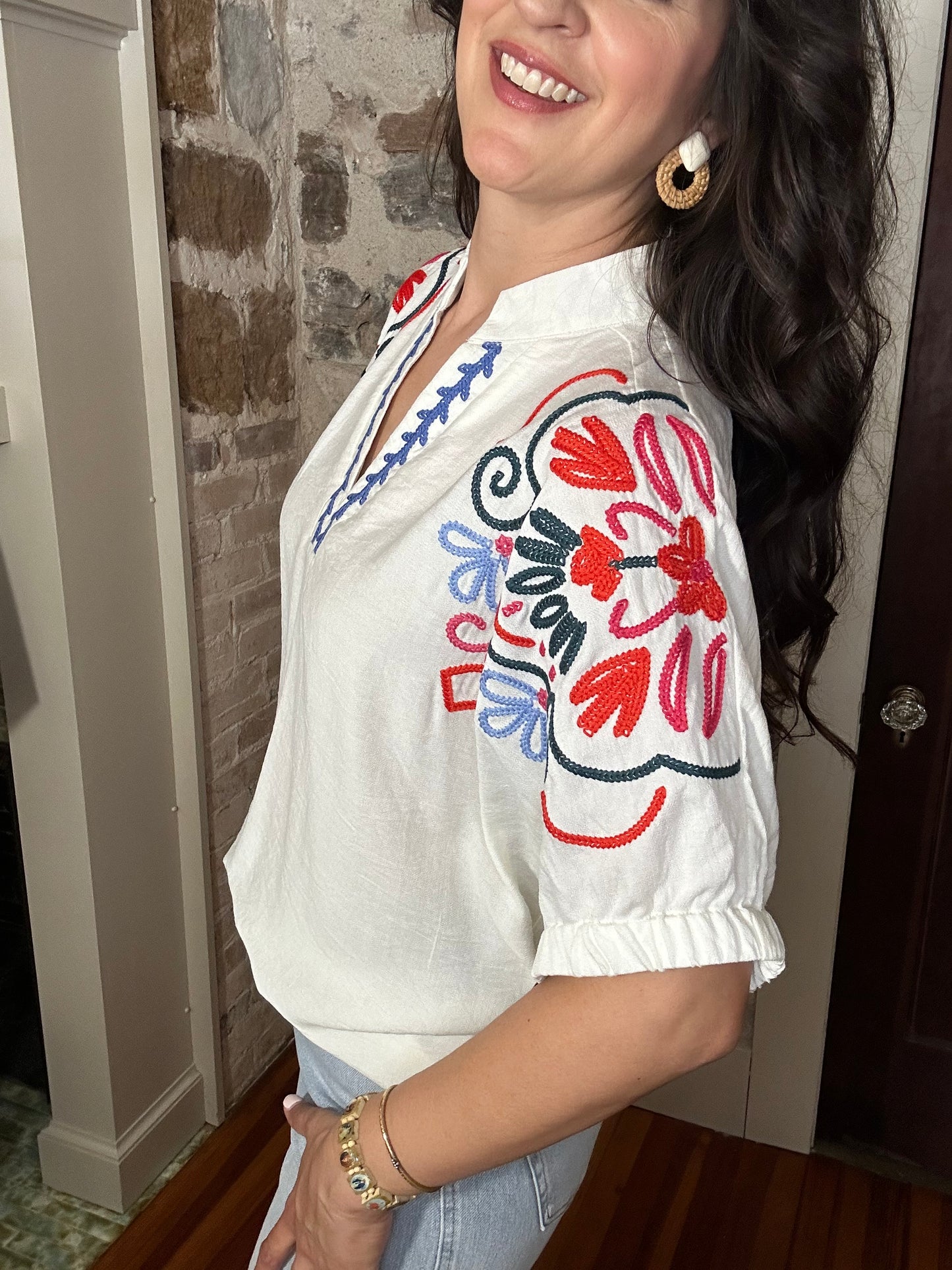 Embroidered Short Sleeve Top | Cream