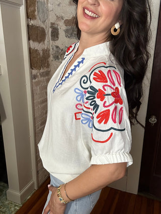 Embroidered Short Sleeve Top | Cream