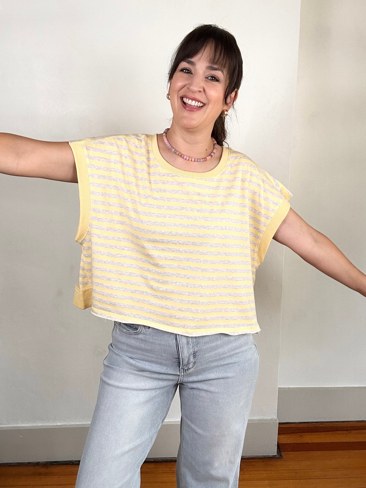 Striped Terry Open Back Short Sleeve Top | Yellow + Heather Oatmeal
