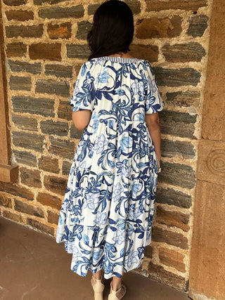 Tropical Midi Dress | Navy + Cream