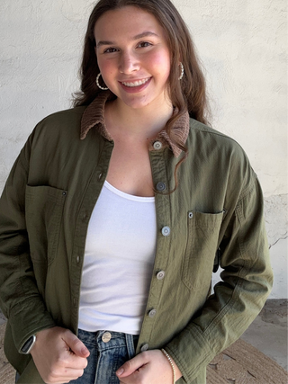Corduroy Collar Long Sleeve Shacket | Olive