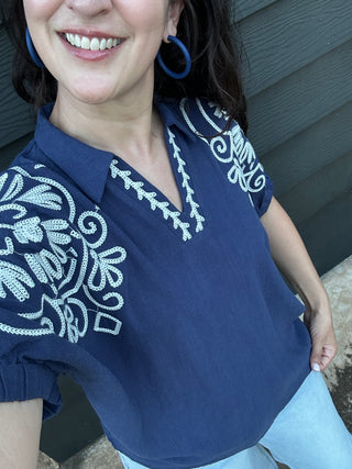 Collared Embroidered Short Sleeve Top | Navy