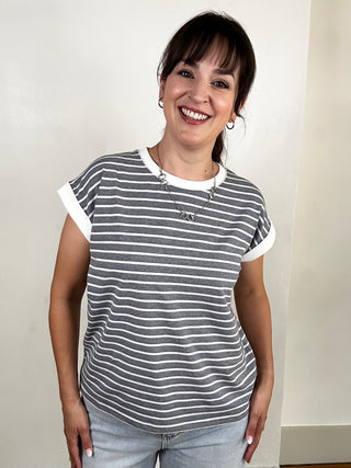 Spaced Stripe Tee w/ Contrast Trim | Charcoal + White