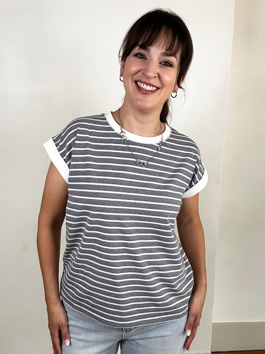 Spaced Stripe Tee w/ Contrast Trim | Charcoal + White
