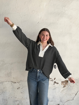 Stripe Collar Long Sleeve Knit Top | Black + White