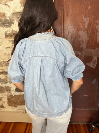 Scalloped Hem Short Sleeve Top | Light Denim
